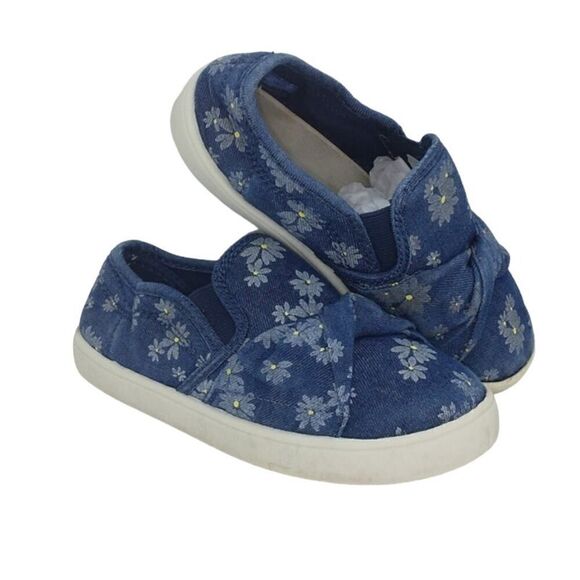 Carters Girls Pre-owned Blue Denim Floral Design Slip-on Sneakers - sz. 12 - Picture 1 of 6